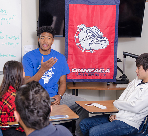 Rui Hachimura takes part in Q-and-A with fellow Gonzaga international students. Photo courtesy Jose Angel