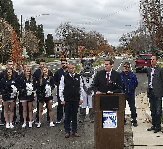 Gonzaga President Thayne McCulloh speaks at the ceremony to mark the reopening of Sharp Avenue on Friday, Oct. 26. GU photo 