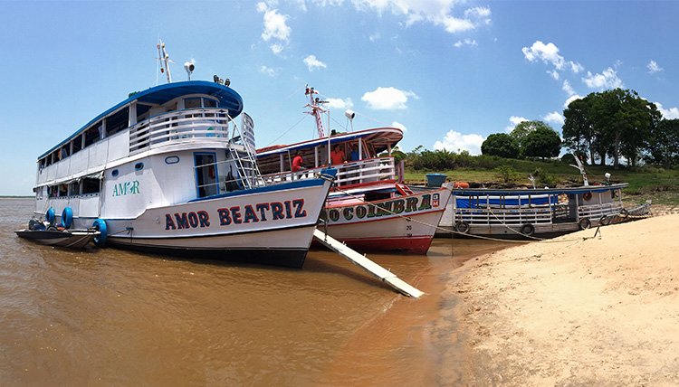 Boats on Amazon River anchored along shore