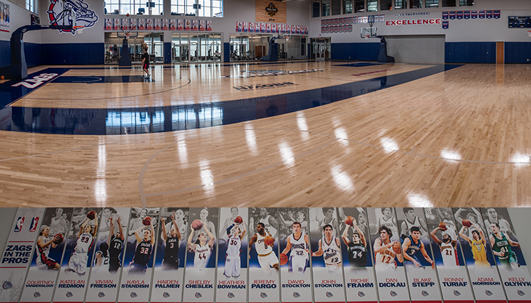 basketball practice court shows names of players who have gone to the Pros