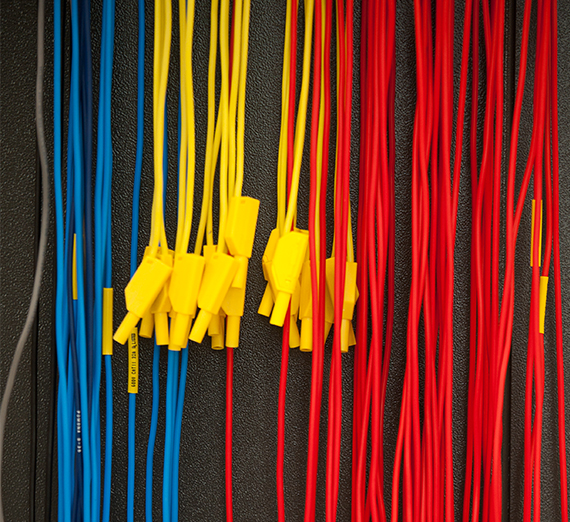 electrical wires sorted by blue, yellow, red, in engineering lab at Gonzaga