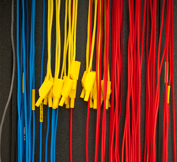 electrical wires sorted by blue, yellow, red, in engineering lab at Gonzaga 