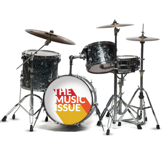 drumset with The Music Issue on bass drum 