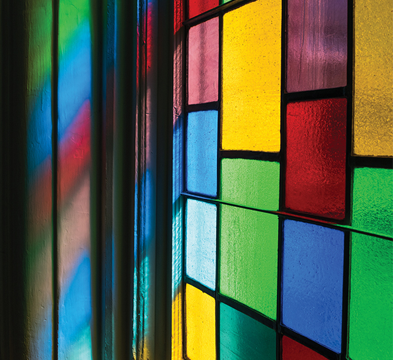 Colorful stained glass window at Dexter Ave Baptist Church, Montgomery Alabama