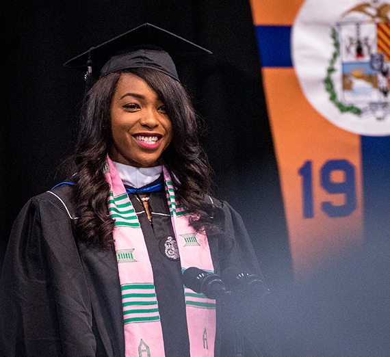 Nneka Enemkpali from Nigeria speaks at graduate commencement