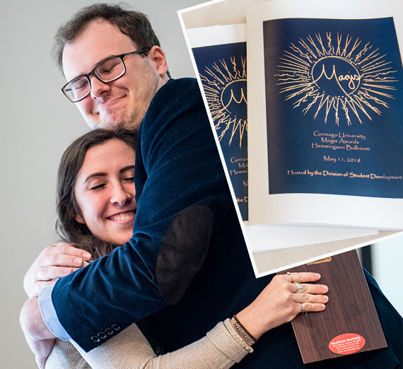 student hugging, program cover for magis awards