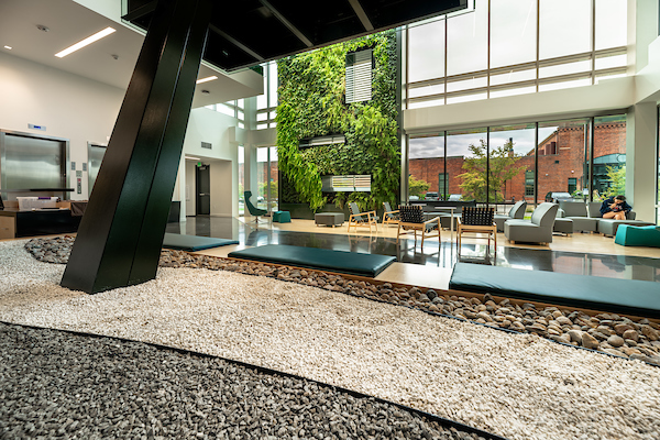 The first floor of the UW-GU Health Partnership Building with its lounge space and green wall with foliage.