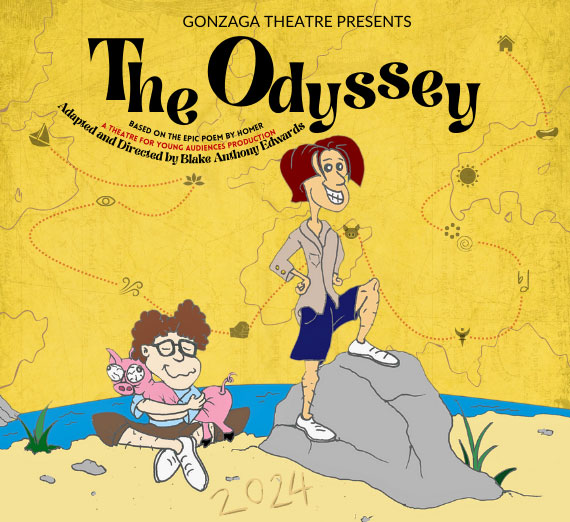 A cartoon of two characters underneath the words The Odyssey