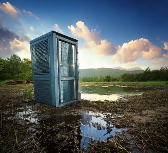 Metal data center cooling unit standing in a muddy field near water.