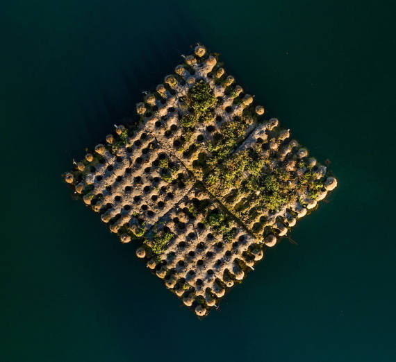 Square island in the middle of Lake Arthur. 