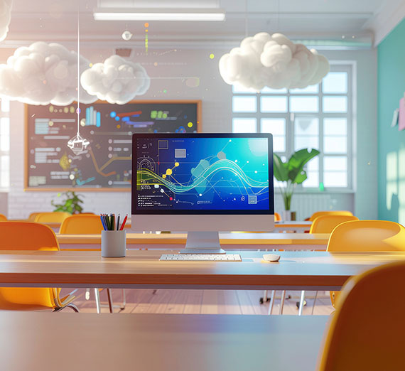 A desktop computer displaying abstract data graphics in a modern classroom with yellow chairs and hanging cloud decorations.