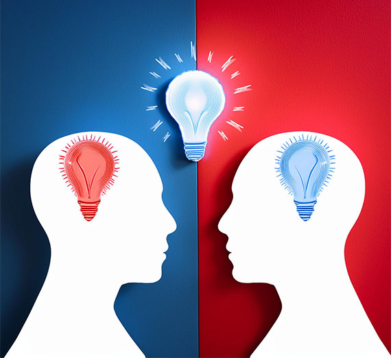 Two side silhouettes, one on a blue background with a red lightbulb and one on a red background with a blue lightbulb and a lightbulb in between the two silhouettes 
