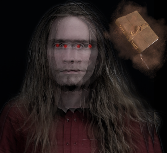 Blurred image of a man with long hair and red eyes, and a blurred book hovering near his head.