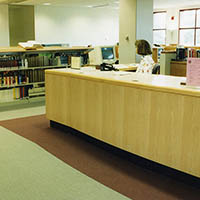 Librarian, a woman with medium length brown hair sits at an old computer at the reference desk