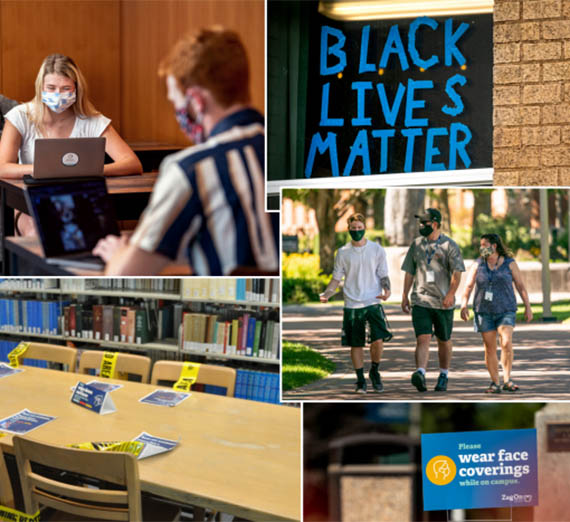 Scenes of 2020, people in masks studying, Black Lives Matter sign