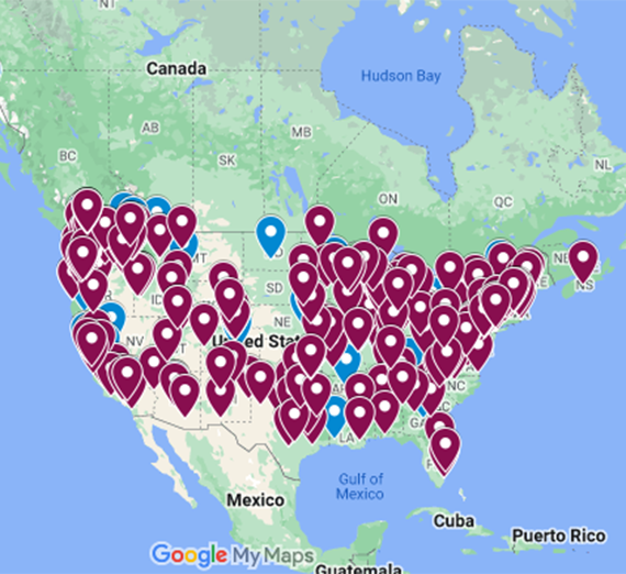 Google map of US with many red and blue markers for ILL lending locations.