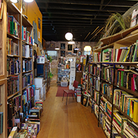 Book shelves on either side of an aisle in Giant Nerd Bookstore