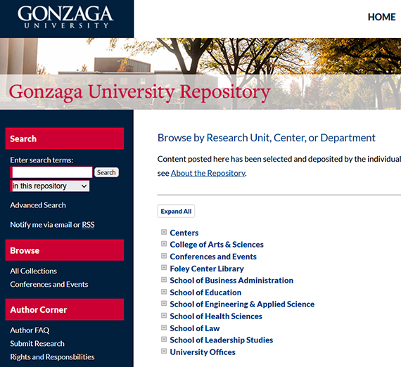 Screenshot of the Gonzaga Institutional Repository website