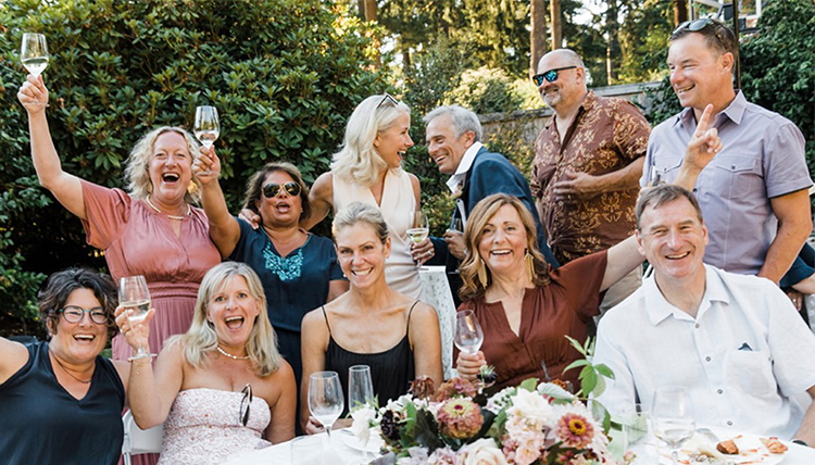 wedding party laughing