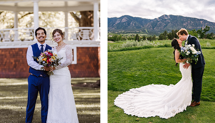 two separate wedding couples both outdoors