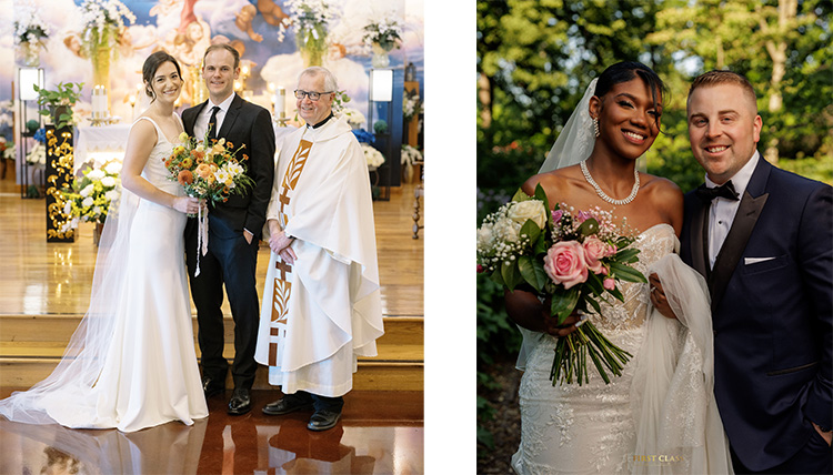 two wedding couples one in chapel one outdoors