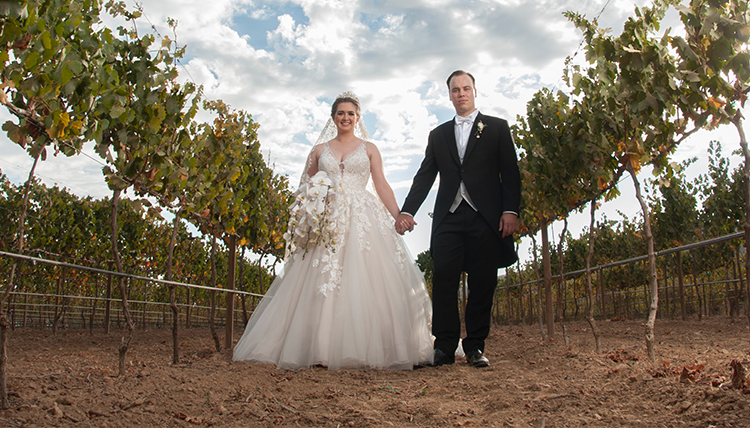 bride and groom in wine rows