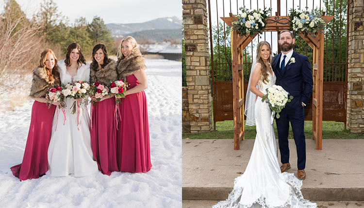 two separate wedding images both outdoors