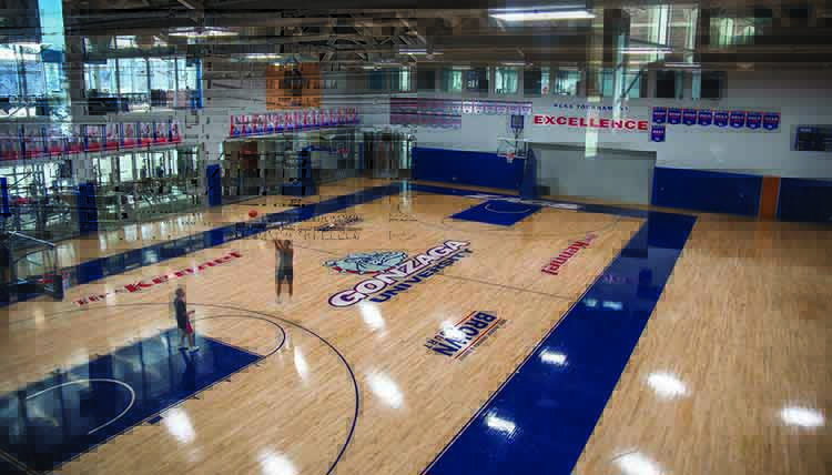 Gonzaga basketball player practicing in the Volkar Center basketball court.