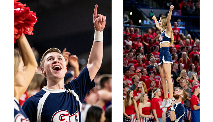 On the left, a male cheerleader engages the crowd. On the right, a female cheerleader is lifted in the air by her male partner.