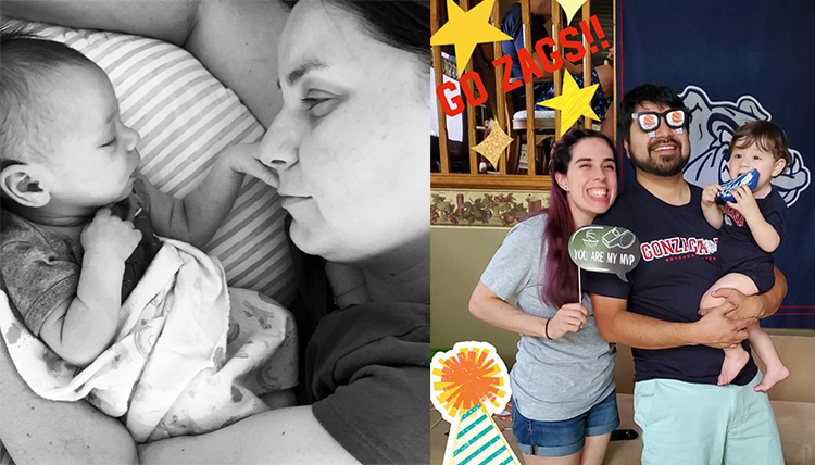 two separate photos of families with babies