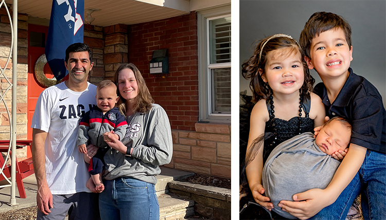 two separate photos of families with babies