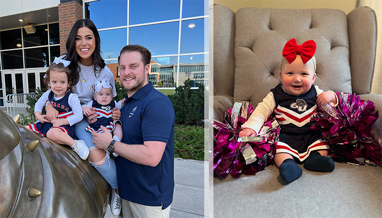 two separate photos of alumni with babies
