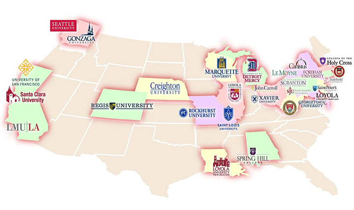 A map of the Jesuit universities offering reciprocal career services in the US. 