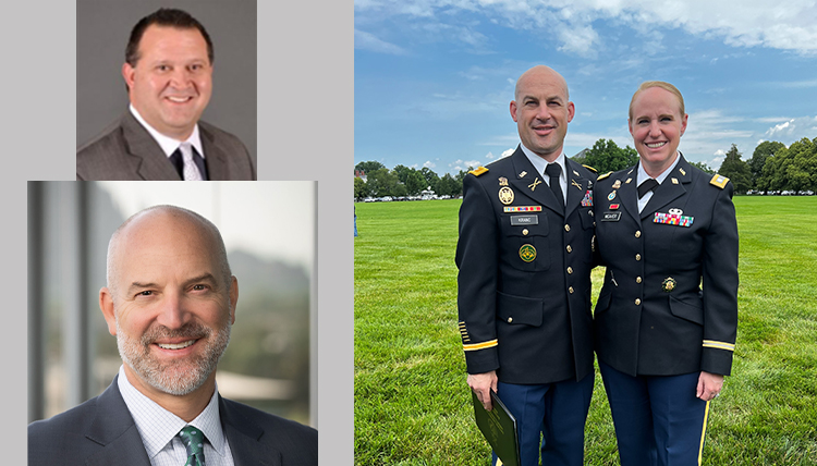 two male headshots and one photo of a woman and man in military dress