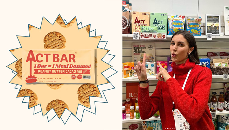 young woman pointing to a product on a shelf with her company logo