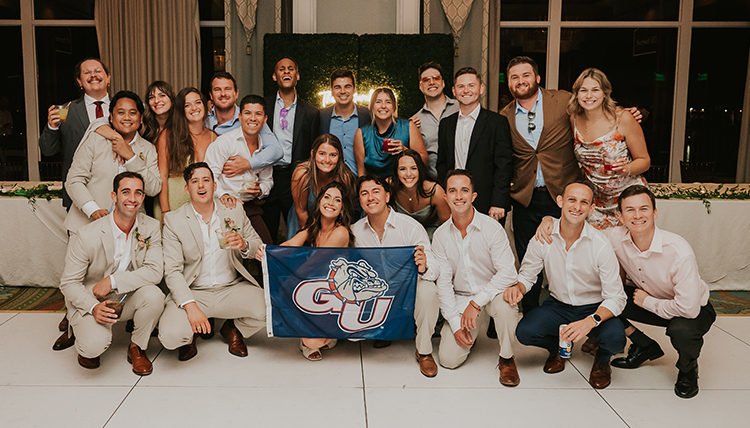 Wedding image of ’19, ’20 M.I.T. Julia Camara and ’19 Nick Marchesano celebrated with a group of Zags. Julia is a kindergarten teacher in San Diego, Nick a certified athletic trainer at Amazon.