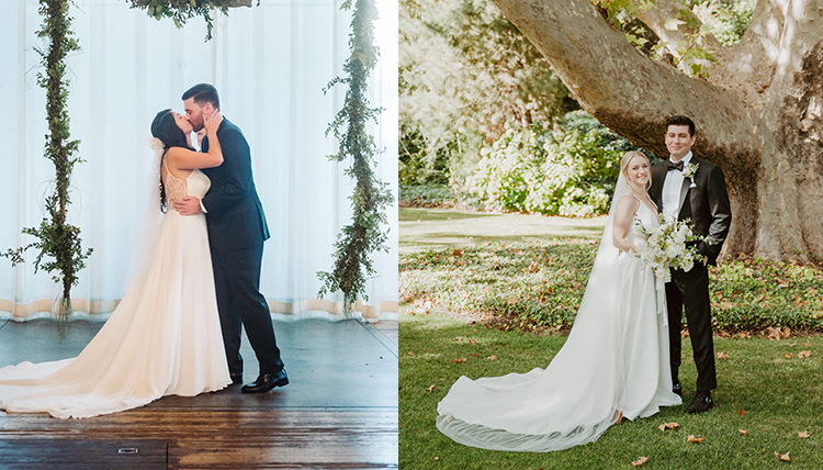 Wedding photos of left: ’17 Anna May and ’17 Drew Lombardi and right: ’17 Chandler McGuire and ’14 Alex Ramos.