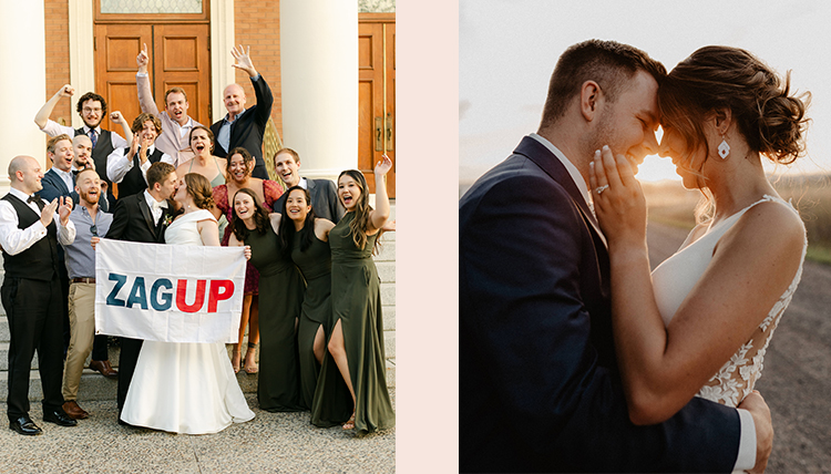 Wedding photos of left: ’19 Anna Ogilvie and ’19 Andrew Christianson and right: ’19 Brianna Higashihara and ’19 Zach Fobar.