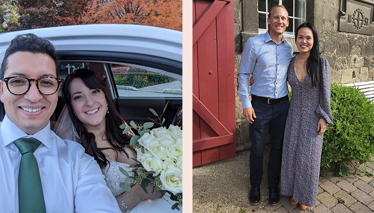 Wedding photos of left: ’07 Blair Ostrem and John Pehanich and right: ’08 Sandra Chin and ’01 Jason Kuska.