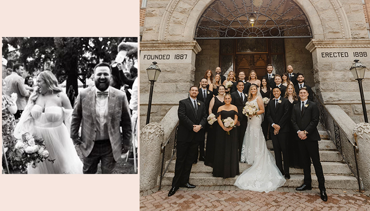 Wedding photos of left: ’12 Karina Riskin and ’12 Ian Powell and right: ’16 Sierra Schmitt and ’16 Kevin Hernandez.