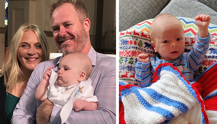 two separate photos, one of parents with baby and one of separate baby