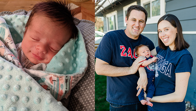 two separate photos of newborns, one with parents