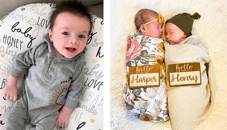 two photos of babies; one individual, one set of twins