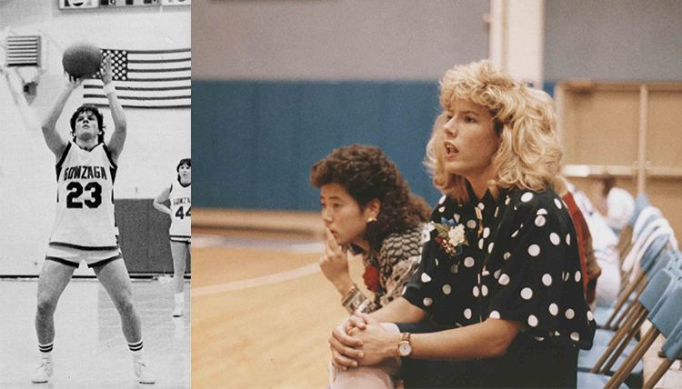 one woman playing basketball and one woman coach