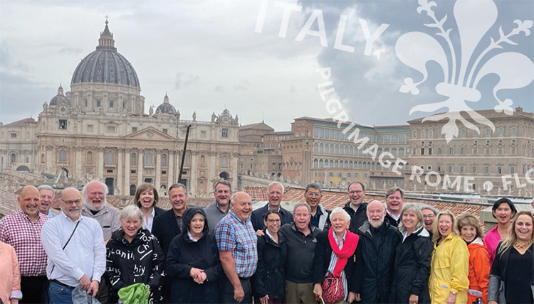 Trustees, family members and Gonzaga staff at the Jesuit Curia with St. Peter’s Square (Rome) in the background.