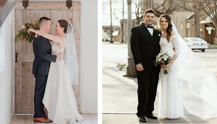 Two side-by-side photos of alumni couples - grooms in suits and brides in wedding dresses