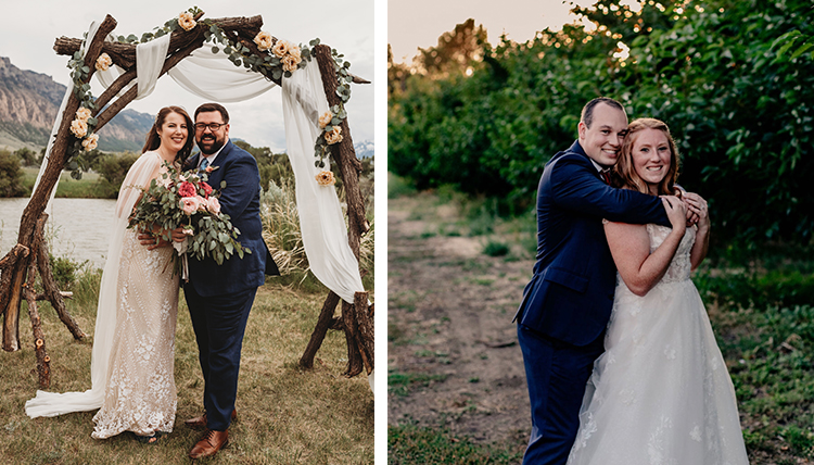 two separate wedding images, both show couples outside