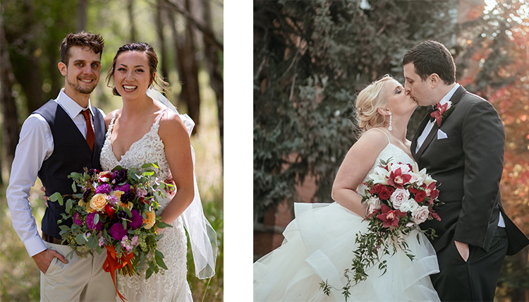 two separate couples both in outdoor wedding portraits