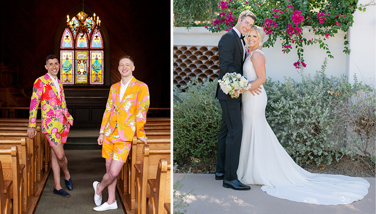 two wedding photos, one male couple in chapel, one couple outdoors