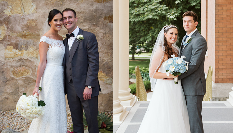 two separate wedding photos, both outdoors